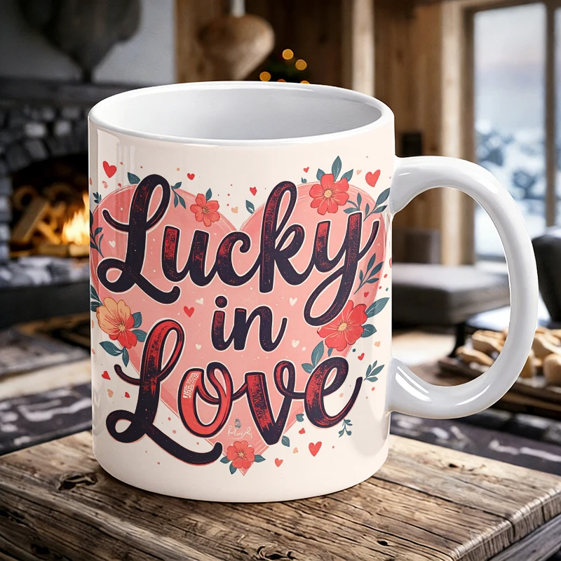 

1pcs 'Lucky in Love' floral heart ceramic mug with handle, creative coffee cup, milk cup, office tea cup, drinking cup