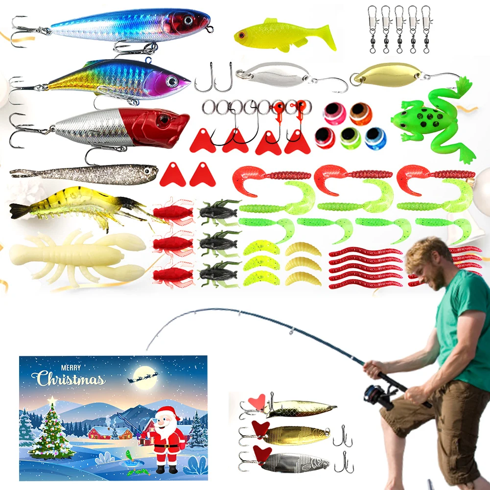 78pcs Fishing Lure Advent Calendar Soft Lures Spoons Minnow 24 Day Fishing Lure Countdown Calendar Surprise Xmas Gifts for Men