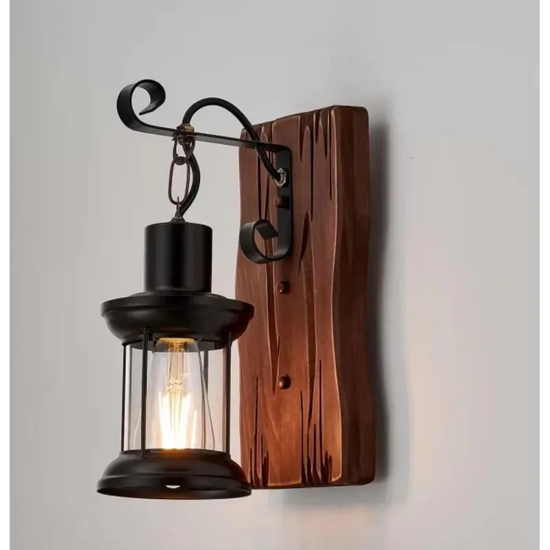 Vintage Hand Carved Wooden Wall Lamp Farmhouse Chalet Style Warm White LED Lantern Decoration for Hotel Villa Bedroom
