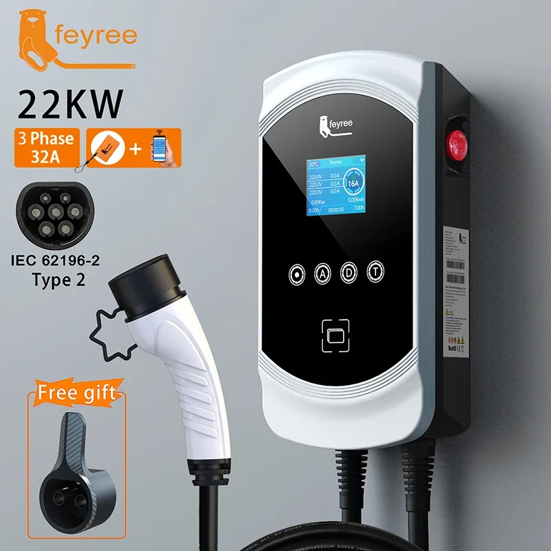 feyree EV Charger 32A 7.6KW Electric Vehicle Car Charger EVSE Wallbox 11KW 22KW 3Phase Type2 Cable IEC62196-2 Socket APP Control