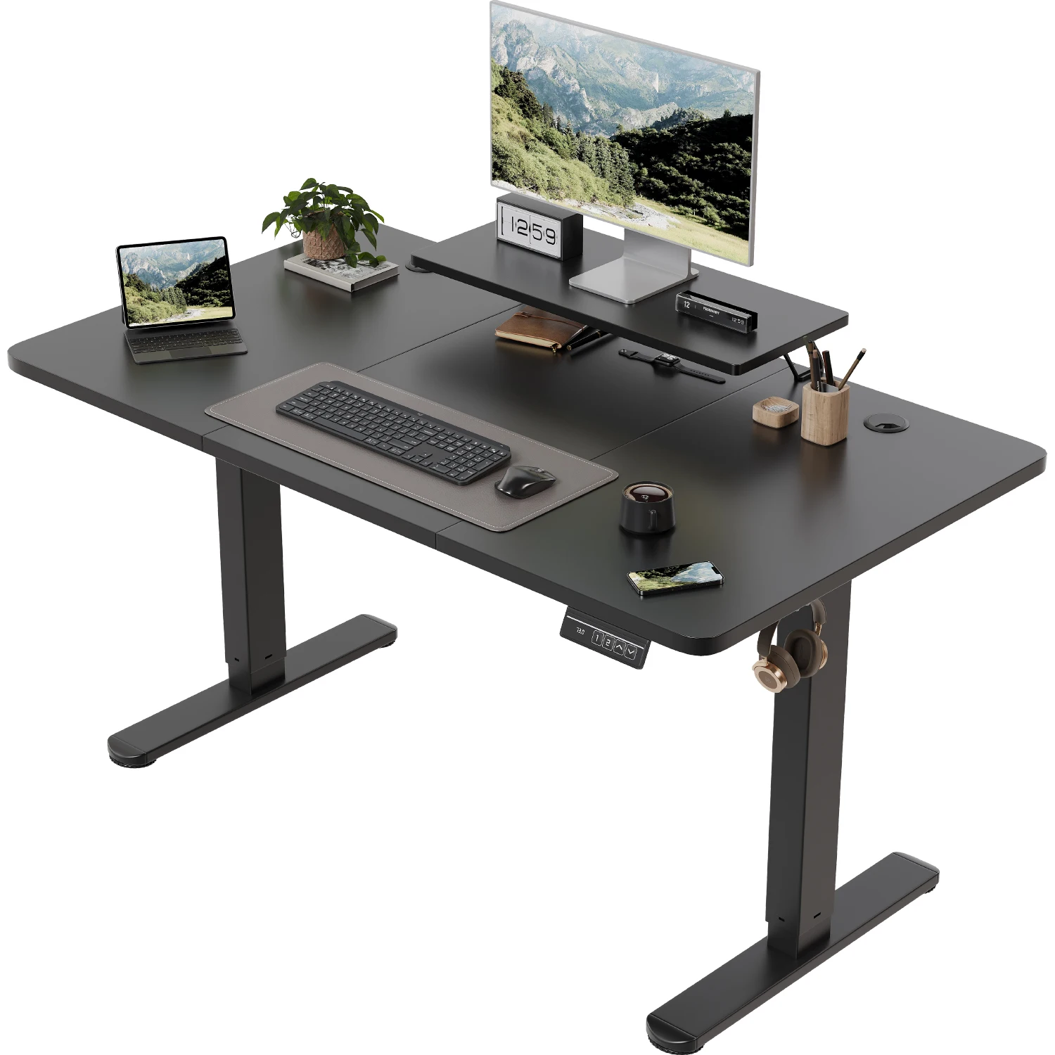 Devoko Bureau électrique réglable en hauteur 120 × 60 cm avec support pour moniteur Siège ergonomique Bureau debout (Blanc)
