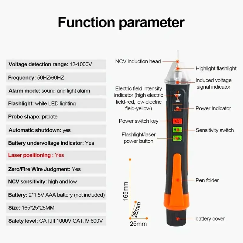 Non-Contact Voltage Tester 12-1000V AC Voltage Checker Pen Orange Smart Circuit Inspection Tool Electricity Measuring Pen