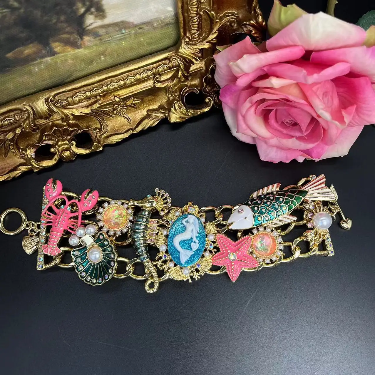 Vintage Sea Ocean Colorful Enamel Starfish Shell Lobster turtle Pearl Necklace Mermaid Bracelet Earrings Jewelry Set For Women