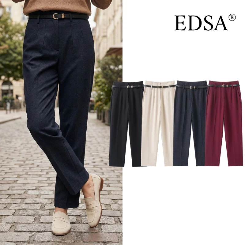 EDSA dames getailleerde hoge taille broek met riem rechte pijpen lange broek voor kantoordame streetwear