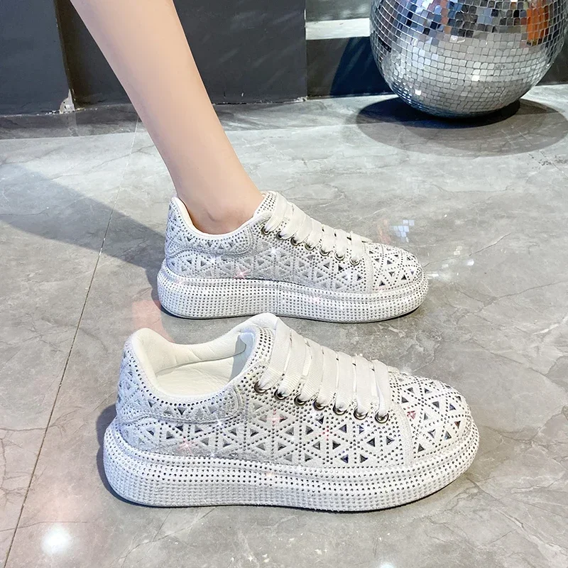 Luxury bling bling Women Platform Crystal Shoes Girls rhinestones Thick-soled White Silver Shining Trend Sneakers Loafers Autumn