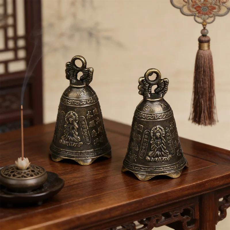 Collectible Buddhist Bell Sculpture Antique Design with Guanyin Figure, Doubles as a Wind Bell for Blessing & Peaceful Ambiance