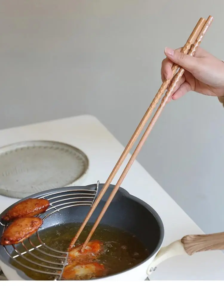1 Paar japanische extra lange Holzstäbchen aus poliertem Buchenholz, rutschfeste Stäbchen für frittierte Lebensmittel und Nudeln, Küchenkochutensilien – Detail 1