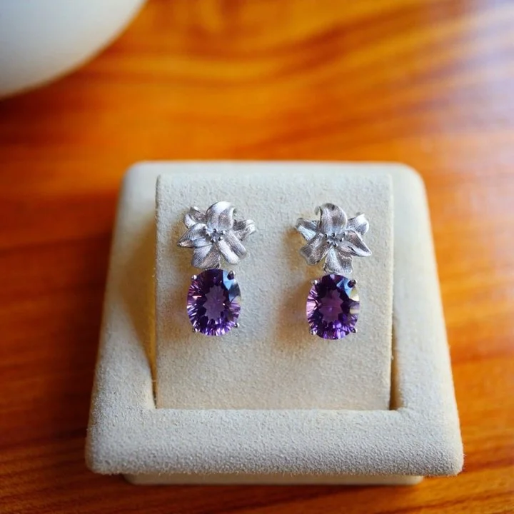 

Fashion Trendy 925 Silver Natural Amethyst Pendant Flower Diamond Ear Stud Luxury Purple Earrings For Women Jewelry Dropshipping