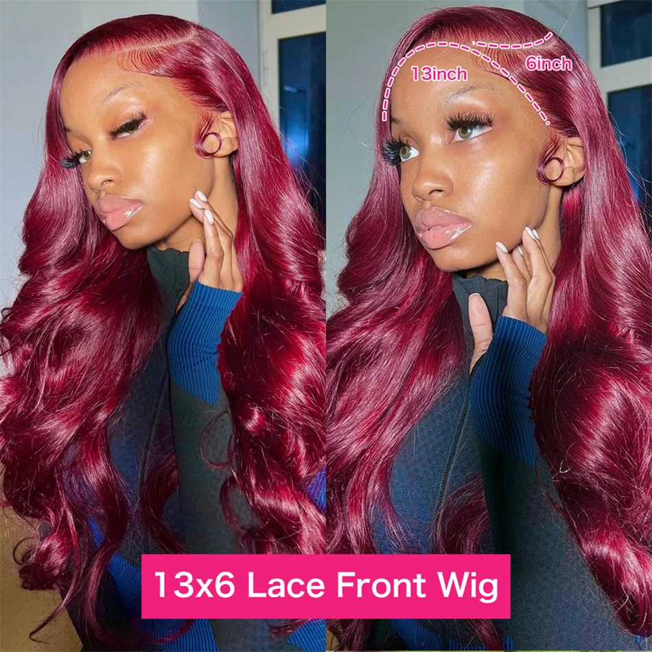 

99J Burgundy 13x4 HD Transparent Lace Frontal Wig Body Wave Red Colored Human Hair Wigs 13x6 Hd Lace Front Wig 220% 30 32 36Inch