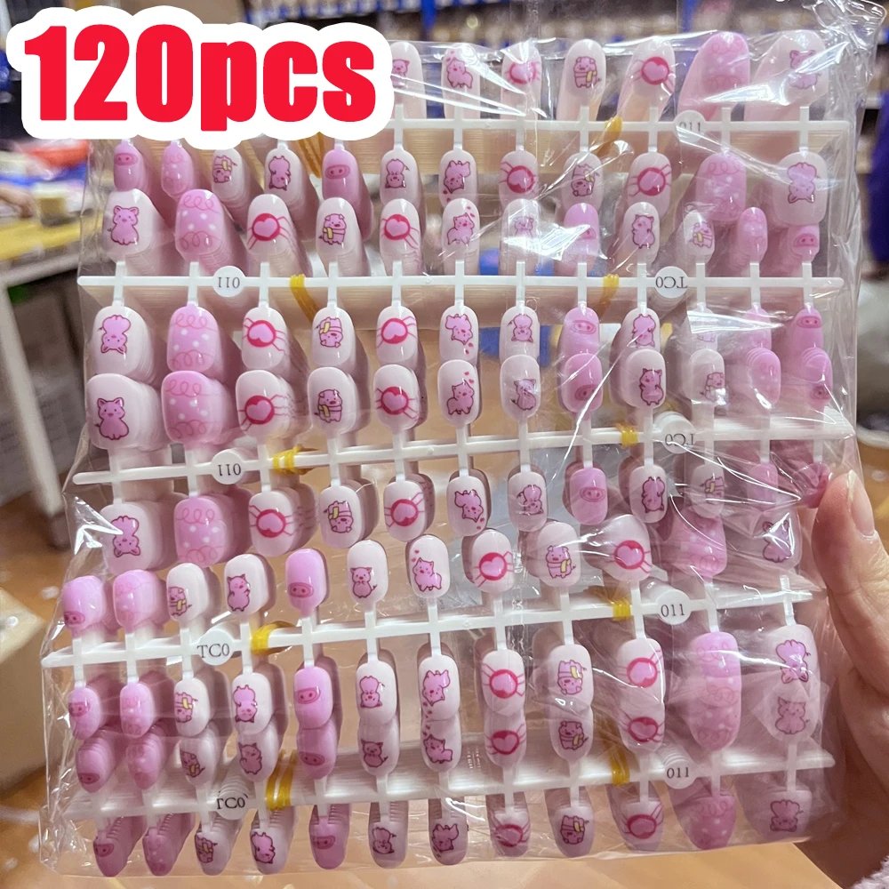 120pcs Pink Piggy Children's Fake Nails Kawaii Heart/pig Nose Square Short Shape Press On Nails DIY 6-12 Years Kids False Nails