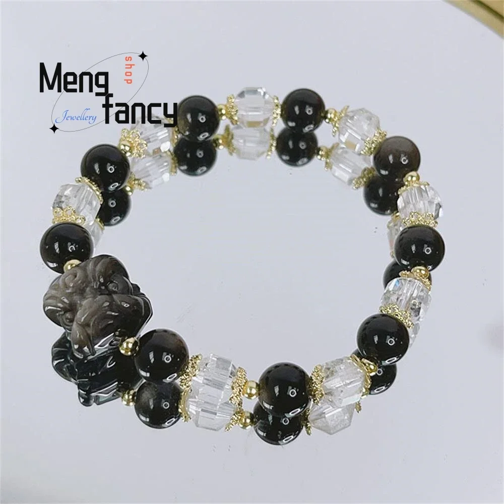 

New Silver Obsidian Female Waking Lion Pixiu Fox Beaded Bracelet Simple Exquisite Elegant Luxury Quality Jewelry Holiday Gifts