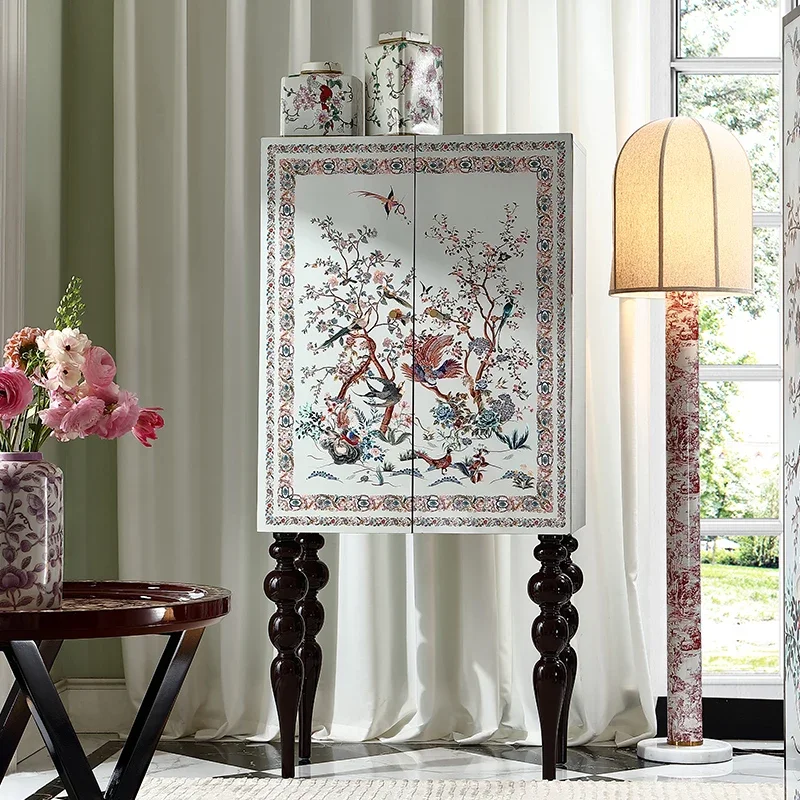 Solid wood chest medieval multi-purpose vertical cabinet French retro tall cabinet living room locker Chinese wind flower