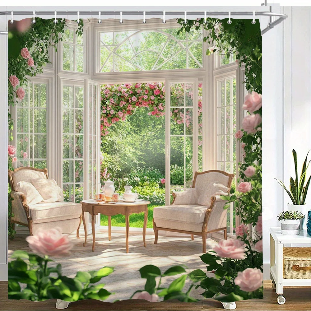 Pink Rose Garden Shower Curtain Waterproof Fabric Bathroom Curtain Floral Arch Window Print Bath Screen Divider Home Decor