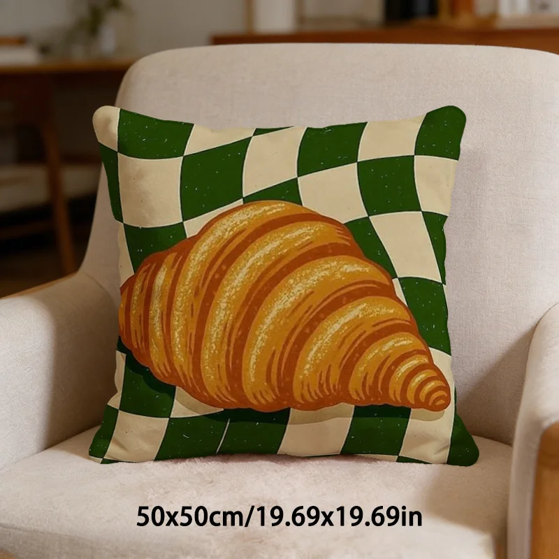 1pc Green Cream Checkerboard Croissant French Pastry Throw Pillow Cover 2D Double-Side Print Polyester Cushion Case for Sofa Hom