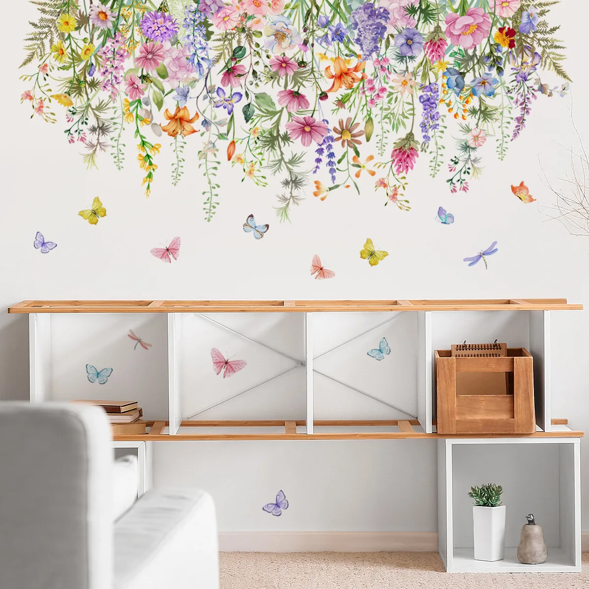 2pcs Crescent Color Plant Flower Butterfly Wall Sticker Living Room Bedroom Home Decorative Mural Wall Sticker Wallpaper Ms609