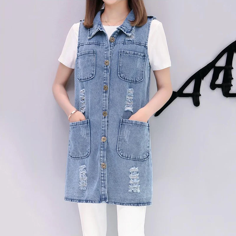 

2022 New Spring Fall Fashion Long Denim Jacket Vests Women Sleeveless Female Hole Jeans Waistcoat Casual Outerwear 3XL 4XL 5XL