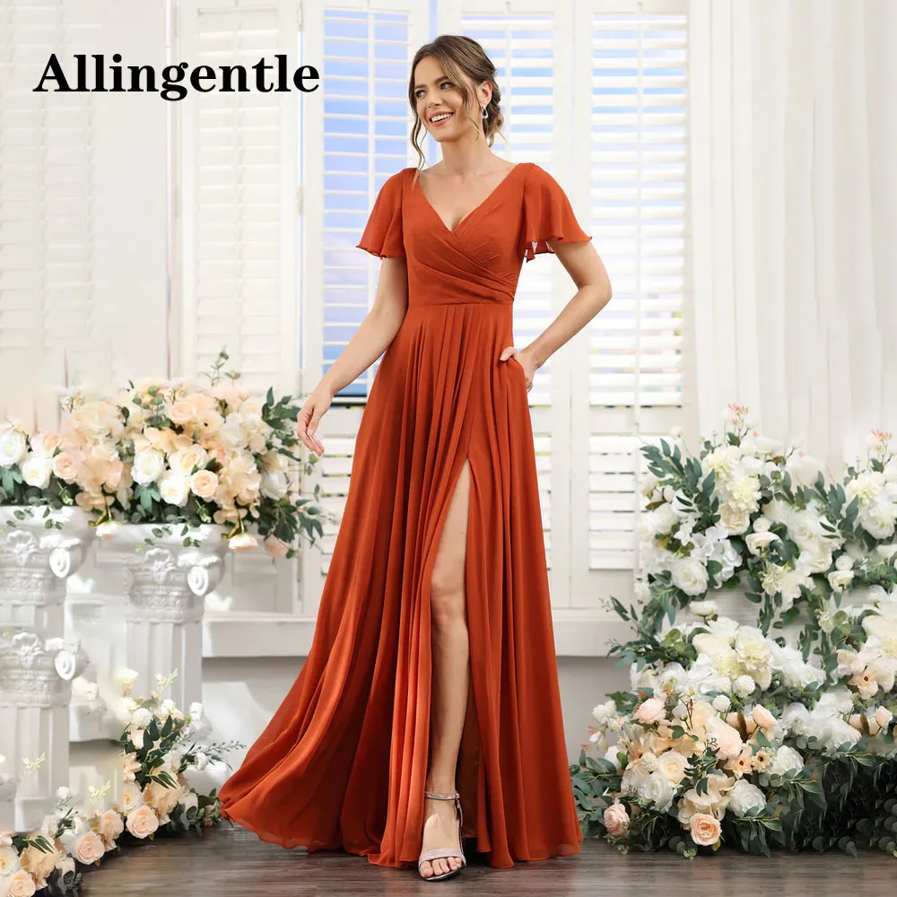 Allingentle A-Line V-Neck Bridesmaid Dresses for Wedding Short Sleeves Split Side Ruched Chiffon With Pockets Customized