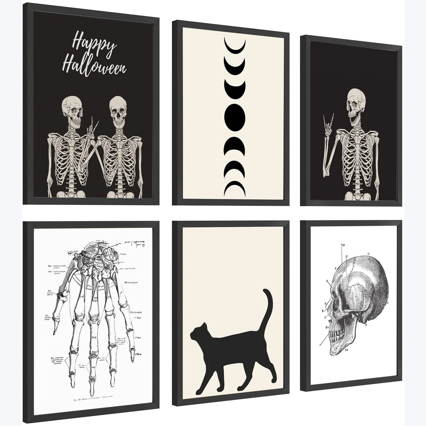 

6pcs Halloween wall art poster black cat skull decorative canvas retro fun canvas painting
