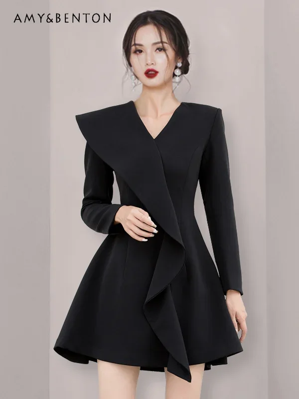 

2024 Autumn New Office Lady Elegant Ruffle Black Dress for Women Commute Style Graceful Dresses Hepburn Style Slim Mini Dress