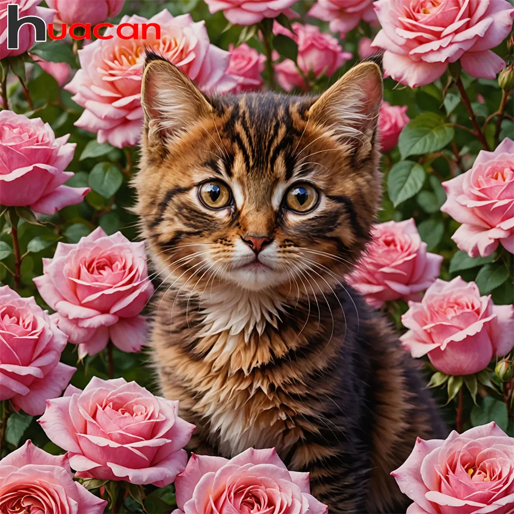 Huacan 5D DIY Diamantmalerei Katze Rose Diamantstickerei Tier Blume Neu 2026 Dekorative Gemälde
