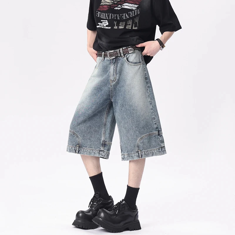 Summer Men's Baggy Denim Shorts European Minimalist Wide Leg Washed Vintage Casual Streetwear Knee Length Pants