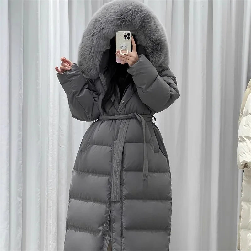 Winter Down Jacket For Women Loose White Duck Down Warm Long Coat With Fur Collar