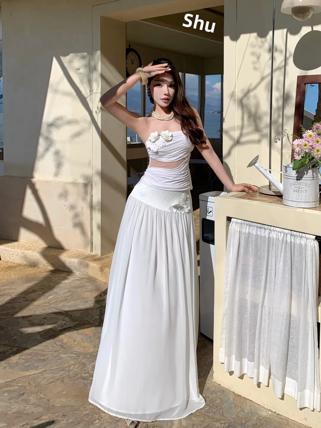 Top de tubo de punto Floral blanco y falda de satén hasta f, conjunto de dos piezas, ropa de mujer Vaion Sle de playa con estampado Floral