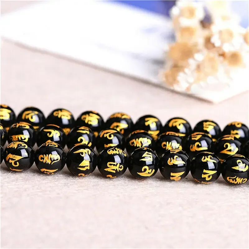 50/100pcs Buddha Loose Beads Charms Black Color with Carving Gold Dragon Chinese Pixiu for Bracelet DIY Jewelry Making 8mm-14mm