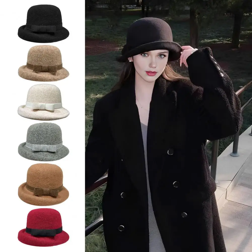 Warm Winter Fedora for Women Classic Felt Cloche Hat for Women Vintage Soft Fedora Bucket Hat Short Brim Bowler Cap for Coats