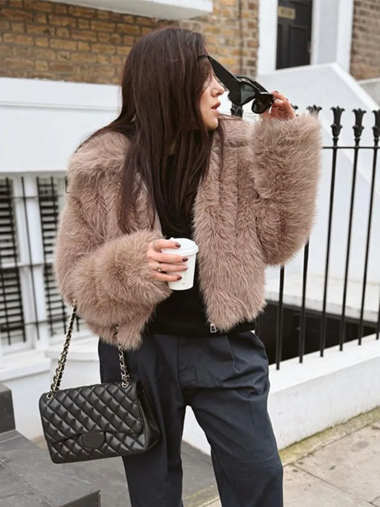 

2024 Winter Chic Warm Fluffy Faux Fur Cropped Coat Women's Elegant Lapel Long Sleeve Short Jacket Fashion Lady New Loose Outwear