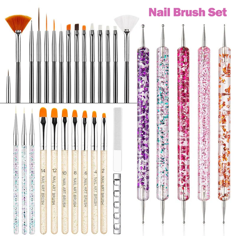 5-32Pcs Nail Art Brush Design Tip Painting Drawing Carving Dotting Pen FlatFan Liner Acrylic Gel UV Polish Tool Manicure