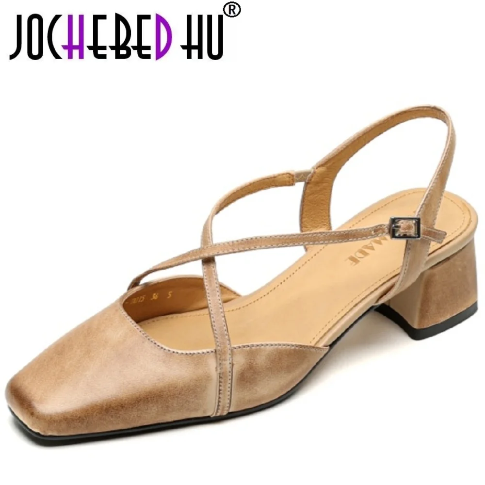 

【JOCHEBED HU】New Summer Handmade Women Sandals Genuine Leather Square Toe Mid Heel Cover Toe Slingback Shoes 33-40