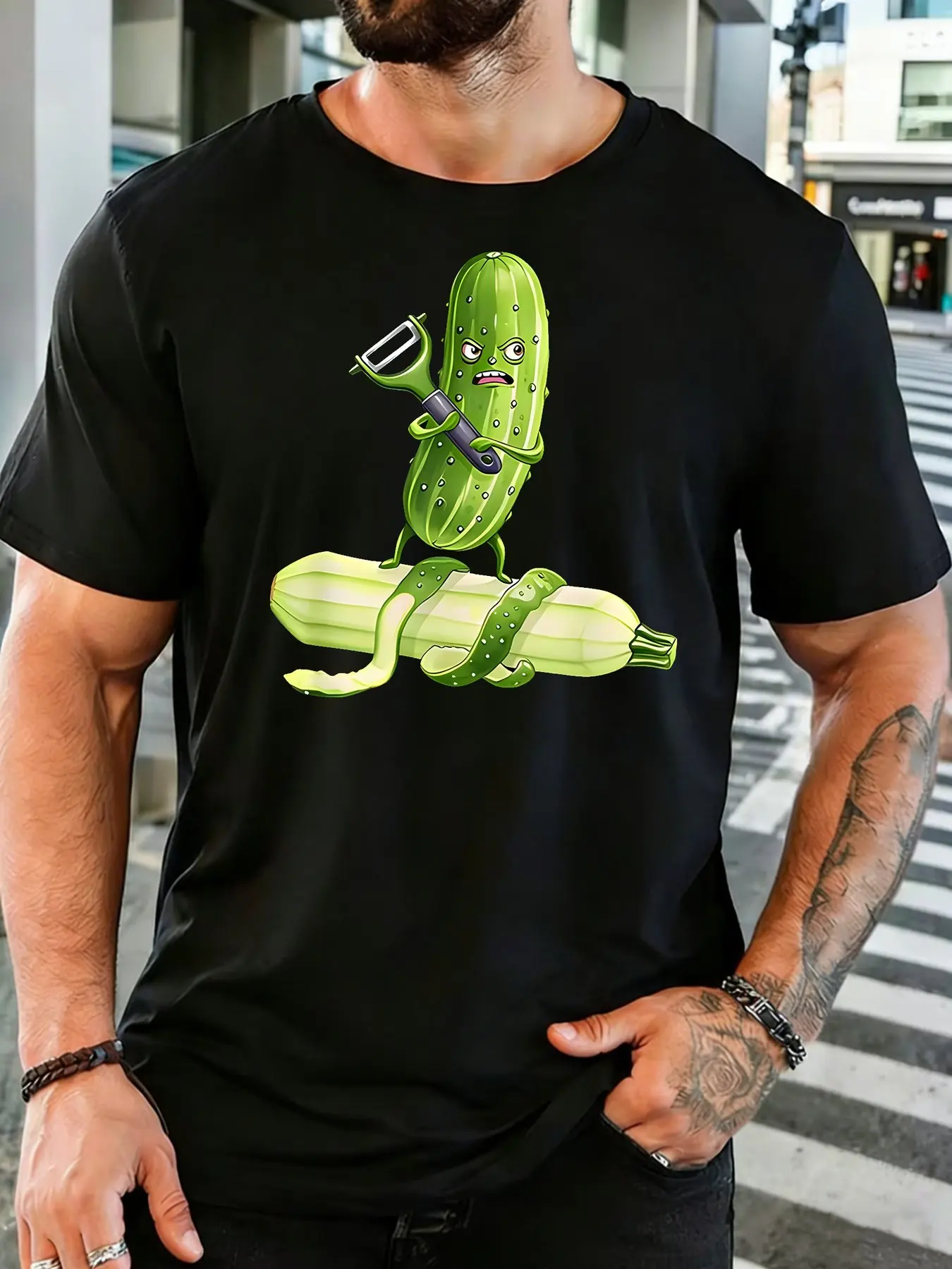Men Funny Cucumber Cartoon Graphic Cotton T Shirt Short Sleeve Novelty Veggie Peeler Print Casual Tee For Food Humor Enthusiasts
