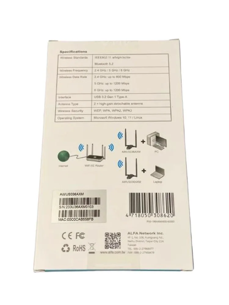 Taiwan production ALFA AWUS036AXM WIFI 6e MT7921AUN wireless + Bluetooth combo card