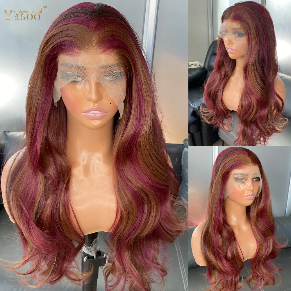 

YYsoo Long 13x4 Body Wave Highlights Futura Glueless Wig Pre Plucked Hairline Synthetic Lace Front Wigs For Black Women