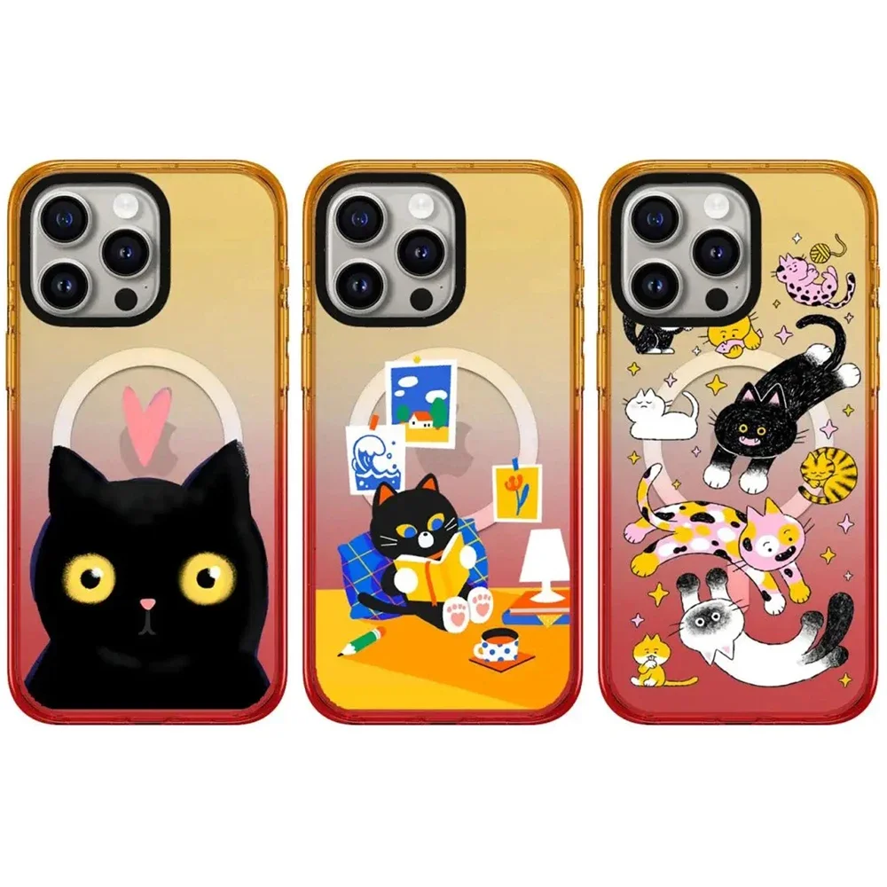 

Cute Black Cat Peach Gradient Border 2.5 Acrylic Magnetic Phone Case Cover for IPhone 13 14 15 Pro Max Case