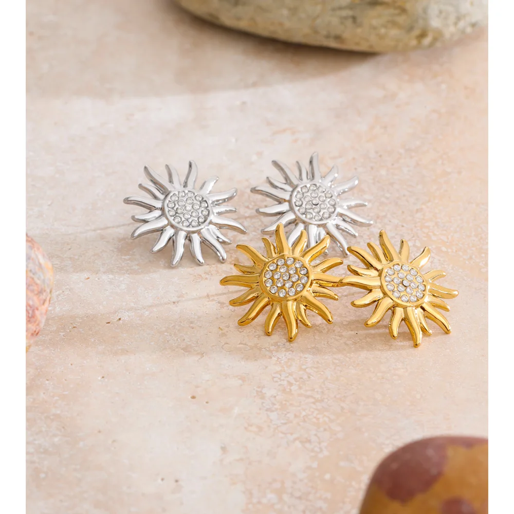 Yhpup Stainless Steel Cubic Zirconia Sun Stud Earrings for All Occasions Gold Platinum PVD Plated Daily Young Jewelry Waterproof