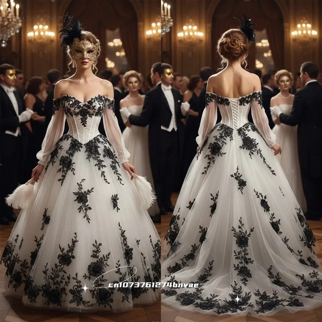 Vintage Schwarz-Weiß-Hochzeitskleid mit langen Ärmeln, Gothic-Brautkleid, Spitzenapplikationen, Schnürkorsett, Brautkleid, maßgeschneidert