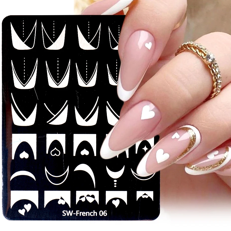 French Nail Art Stamping Plate Drawing Template Geometric Stripe Line Flower Love Lace 3D Image Stencil Mold Printing Tool BESW