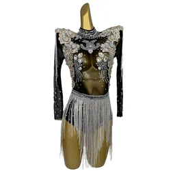 Women Black Diamond Rompers Party Nightclub Crystal Bodysuits Ladies Jazz Dance Show Costumes Bodycon Jumpsuits Bolihuanghou