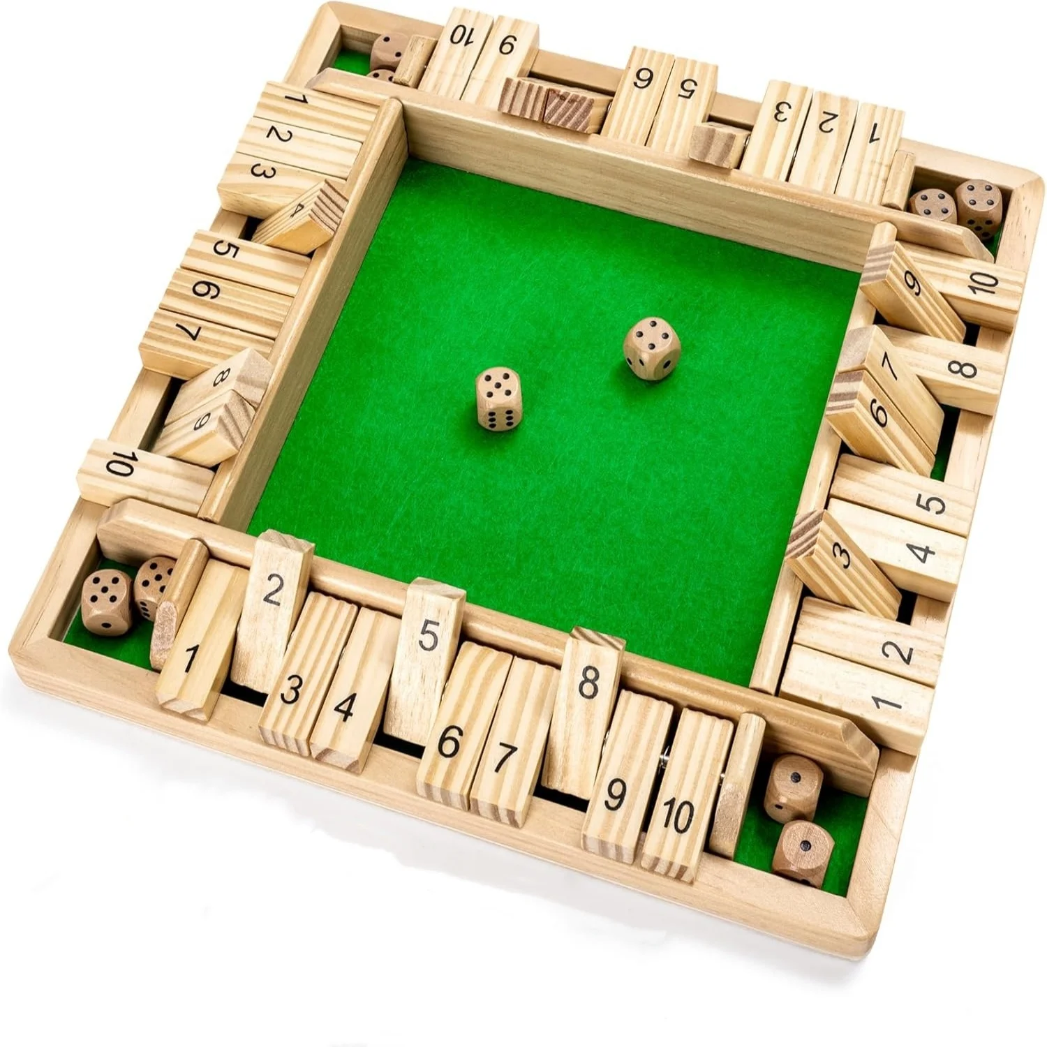 

Wooden Shut The Box Game (2-4 Players) - Large 4 Sided Board, 2 Dice, Rules - Amusing Addition Game for Kids & Adults, 12 Inch (