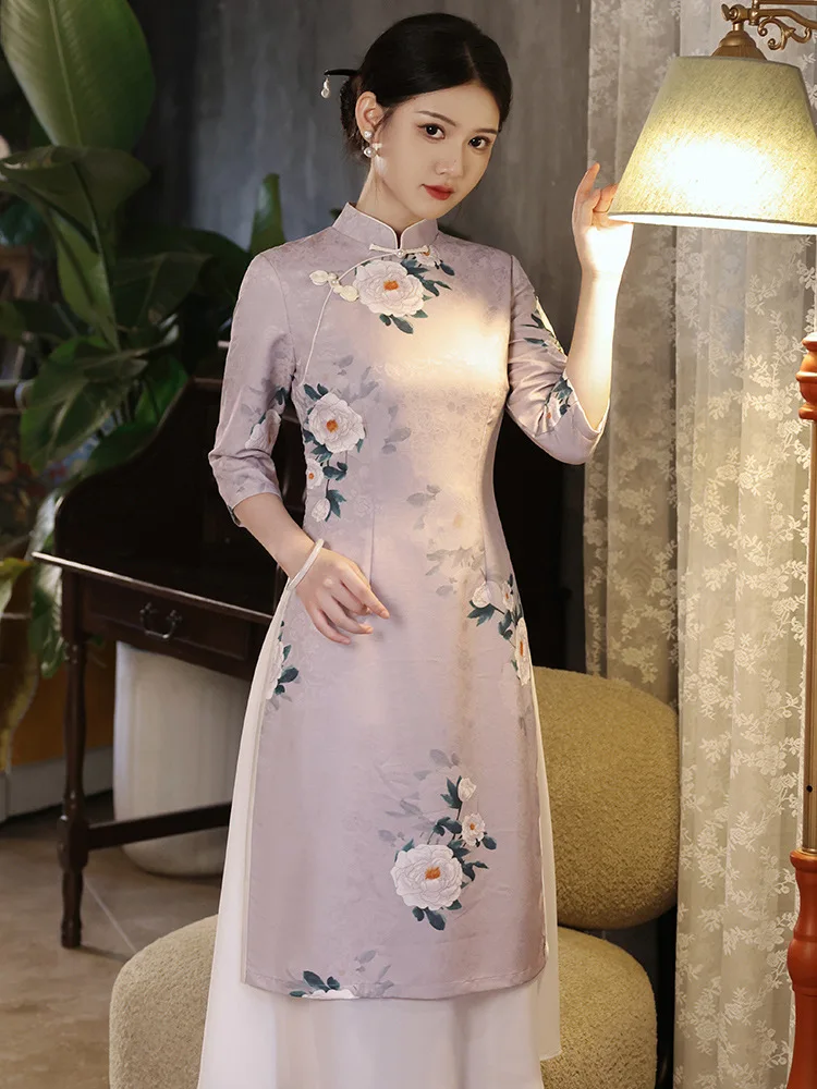 

Summer Seven Points Sleeve Printed Satin Chinese Aodai Cheongsam Traditional Women Qipao Hanfu Daily Dresses