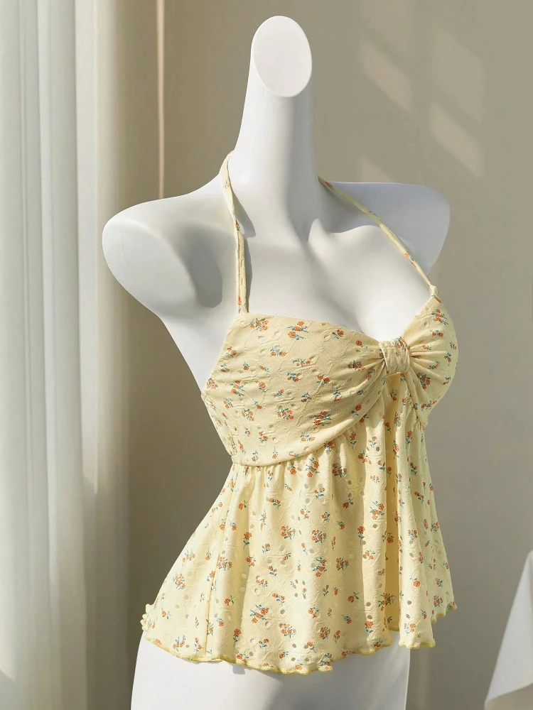 Halter Bandage Vintage Flower Print Vest Women's Clothing A-line Sweet Bow Pleated Camisole 2026 Ropa Mujer Summer Fashion Tanks