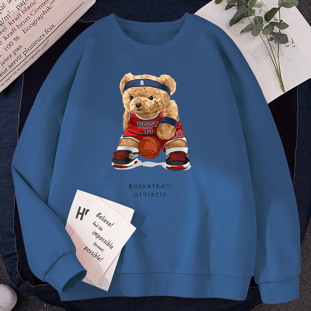 Casualpullovers For Women No Best14 Teddy Bear Basketball Athletic Print Hoodies Loose Crewneck Sweatshirts Warm Fleece Tops