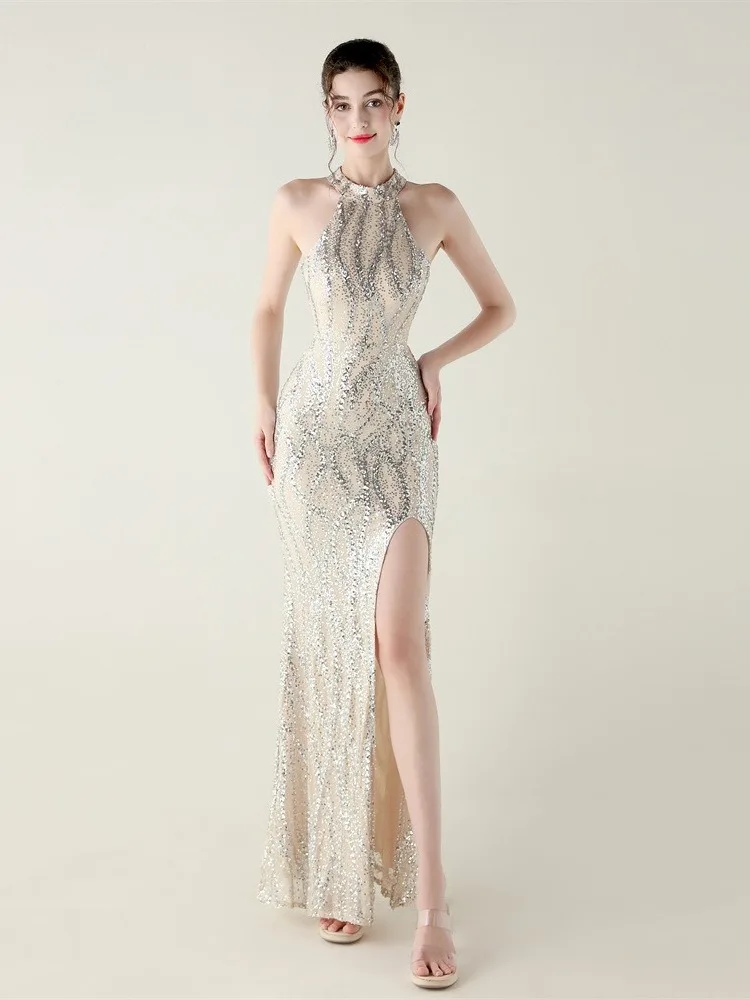 

Модное вечернее платье с пайетками для женщин, с эффектом стройности, длинным шлейфом, из сетчатой ткани, для выступлений