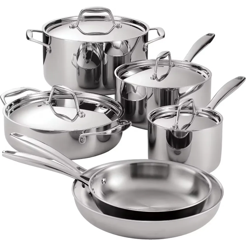 

Tri-Ply Clad Stainless Steel 10-Piece Cookware Set with Lids, Pots and Pans Kitchen Set, Induction-Ready, Dishwasher-Safe