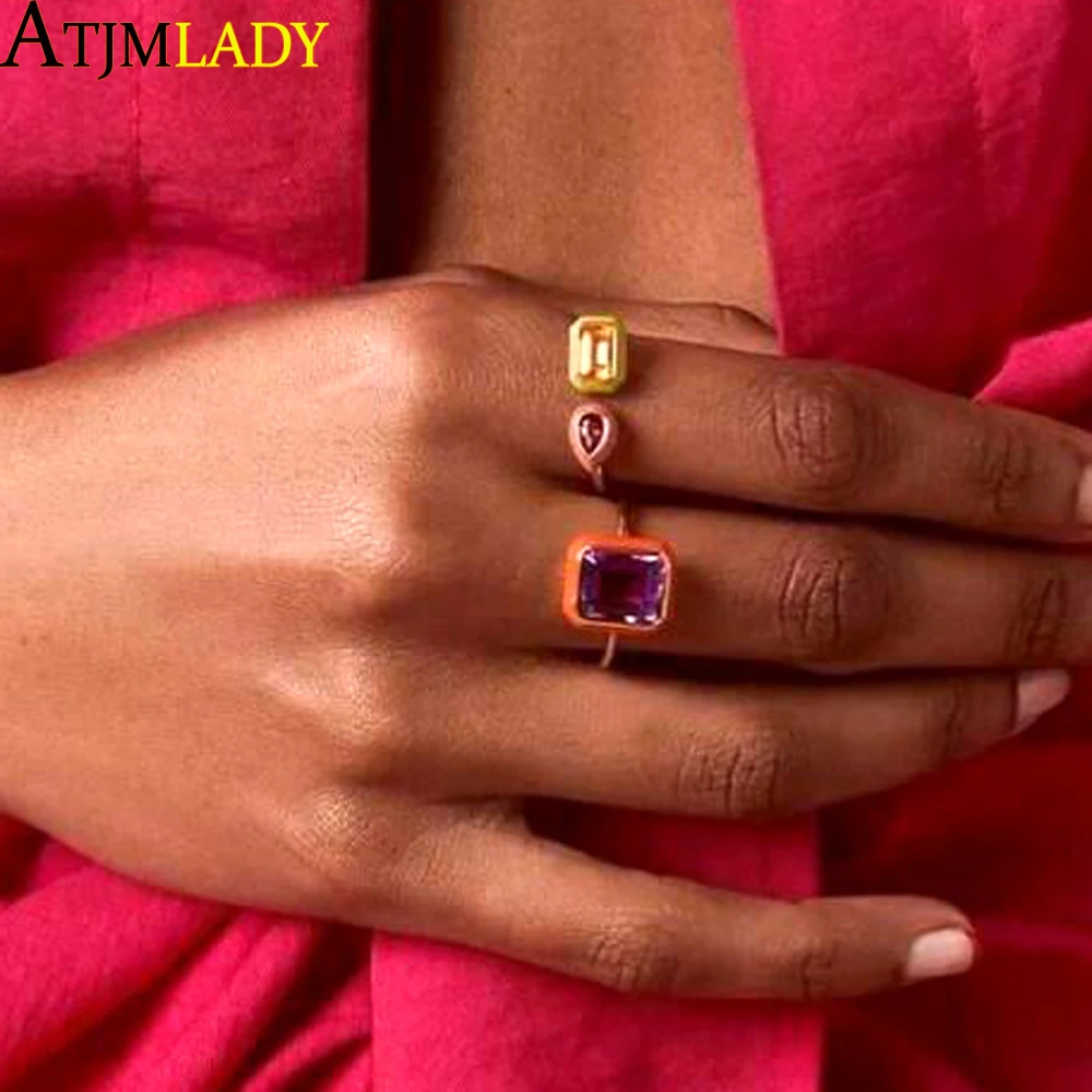 Pastel Enamel Geometric Bezel Band Rectangle 5A Cubic Zirconia CZ Sparking Engagement Band Ring for Women Fashion