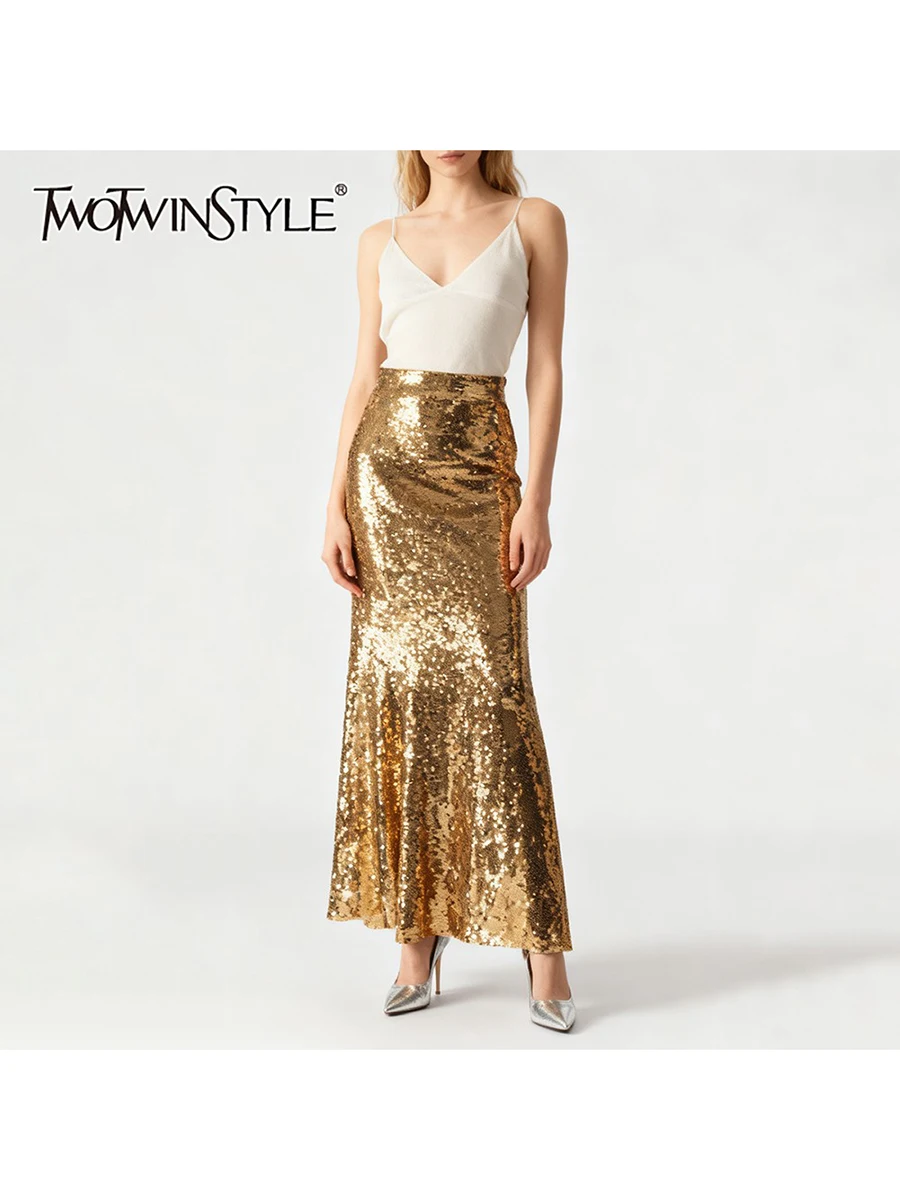 

TWOTWINSTYLE Solid Slimming Spliced Sequins Fashion Skirts for Women High Waist Temperament Mermaid Skirt Female Clothing New