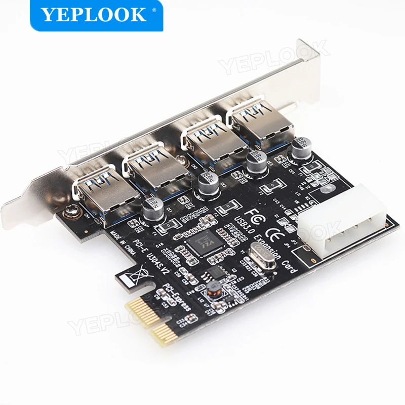 PCIe 1x 4 Port USB3.0 5Gbps HUB Adapter Controller Card with Molex IDE 4Pin Power Port, Support PCIe X1 X4 X8 X16, 12 CM Bracket