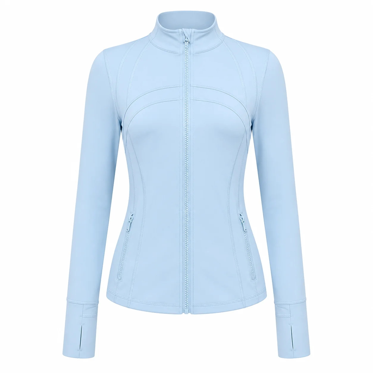 Women's Sky Blue Slim Fit Full Zip Sports Jacket Stand Collar Long Sleeve Running Yoga Workout Outerwear Style P036